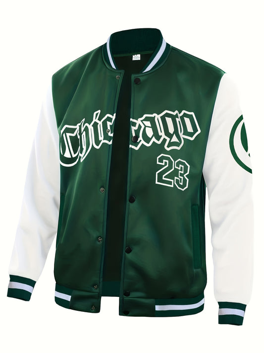 Men'S Casual Fashion Baseball Jacket, 100% Polyester Knit Fabric with Slight Stretch, Crew Neck, Button Closure, Alphabet Pattern, Regular Fit with Pockets, Polyester Lined