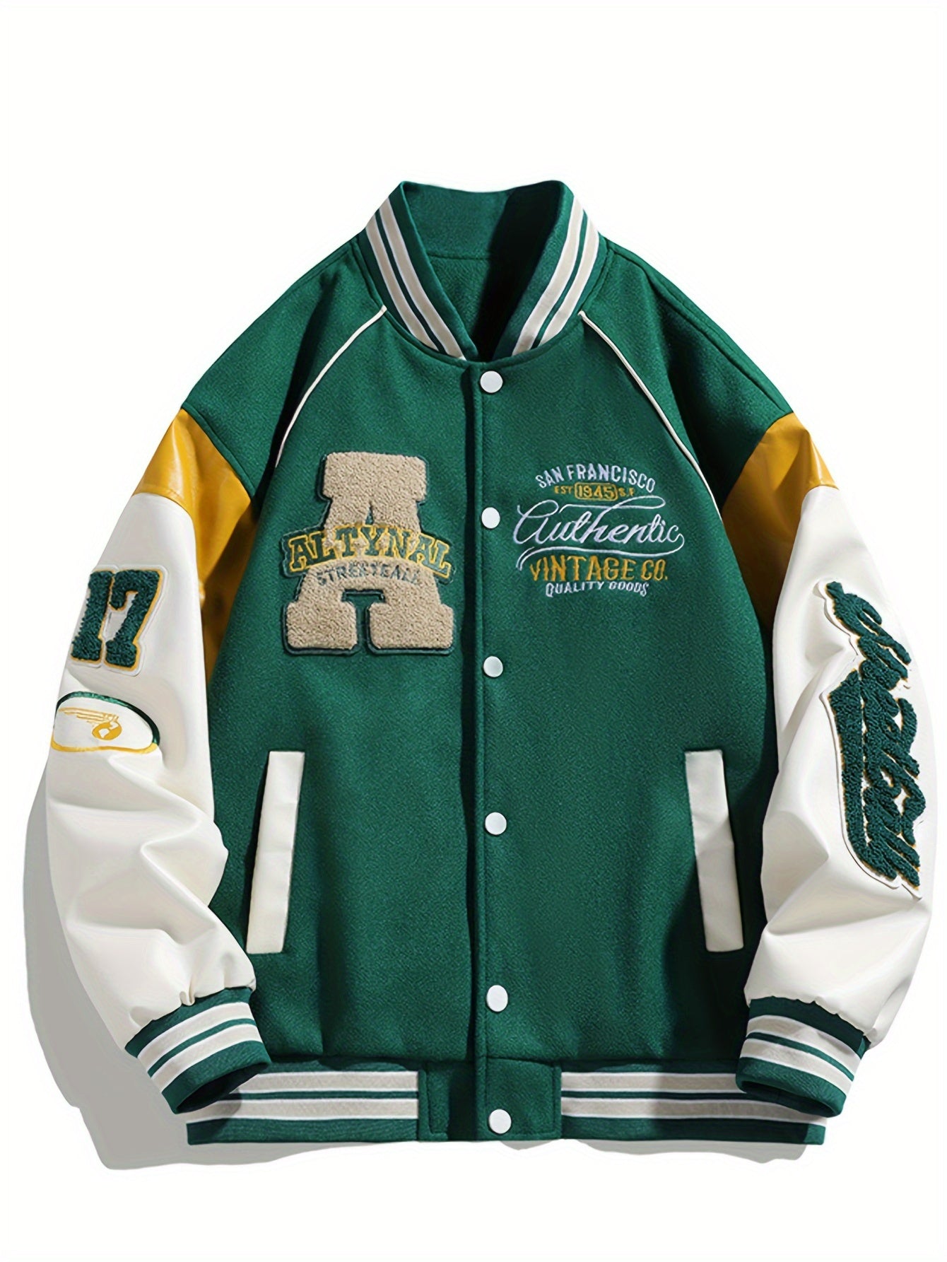 Men's Color Matching Letters Embroidery Striped Baseball Jacket With Pockets, Casual Baseball Collar Button Up Long Sleeve Varsity Jacket For Outdoor