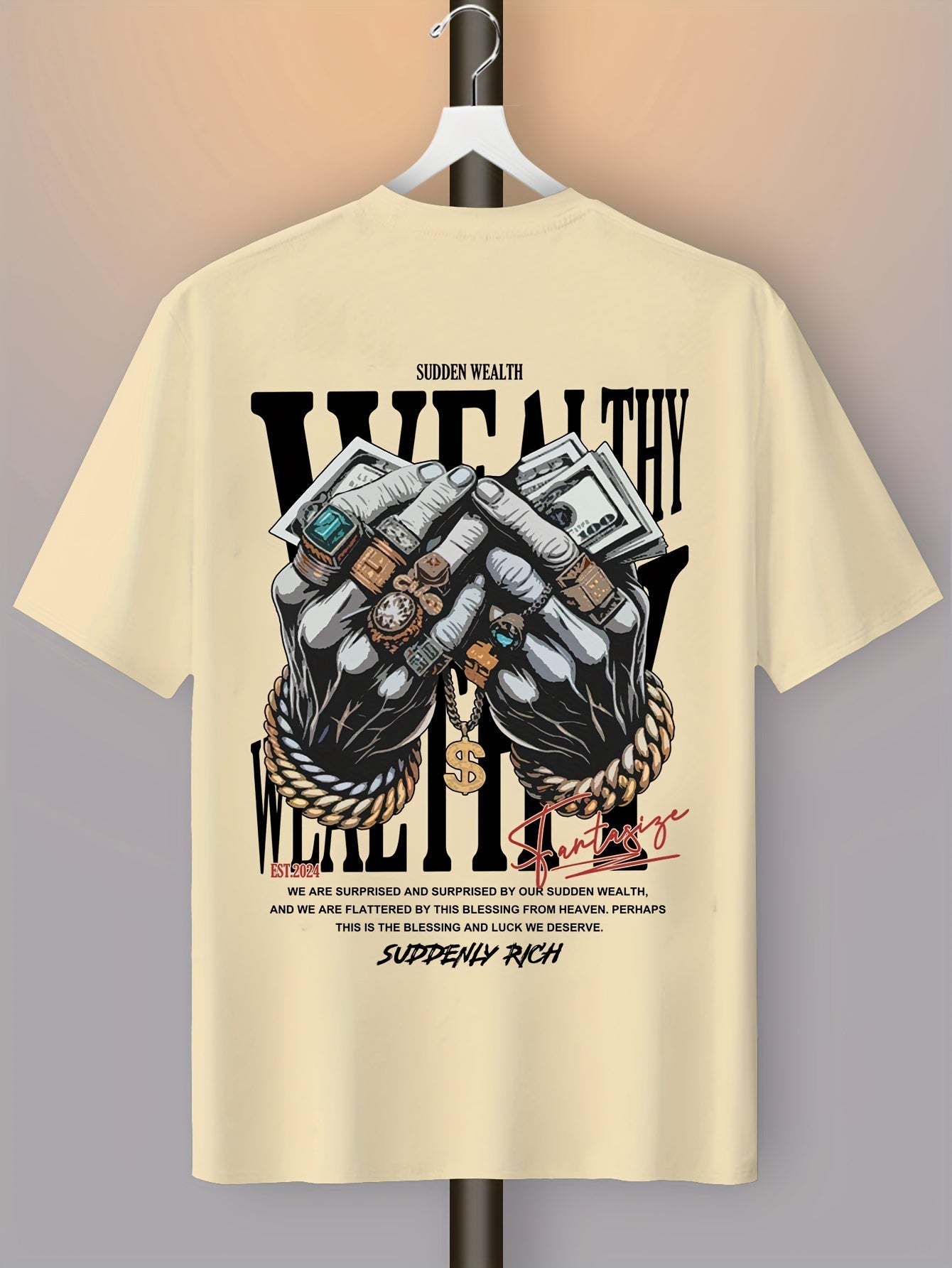 Men's Casual Graphic Tee with Unique Hand Jewelry Design - Soft Polyester Blend, Stretch Fit, Machine Washable - Perfect for Summer Outings