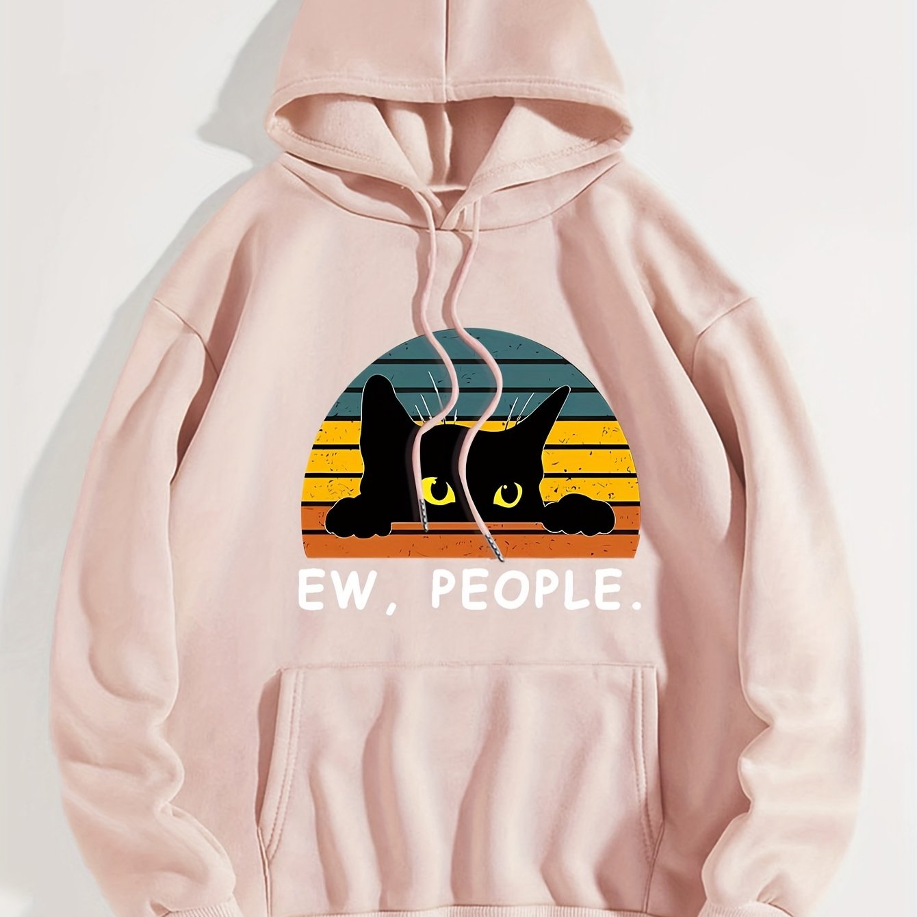 Cat Print Kangaroo Pocket Hoodie, Casual Long Sleeve Drawstring Hoodies Sweatshirt, Women's Clothing