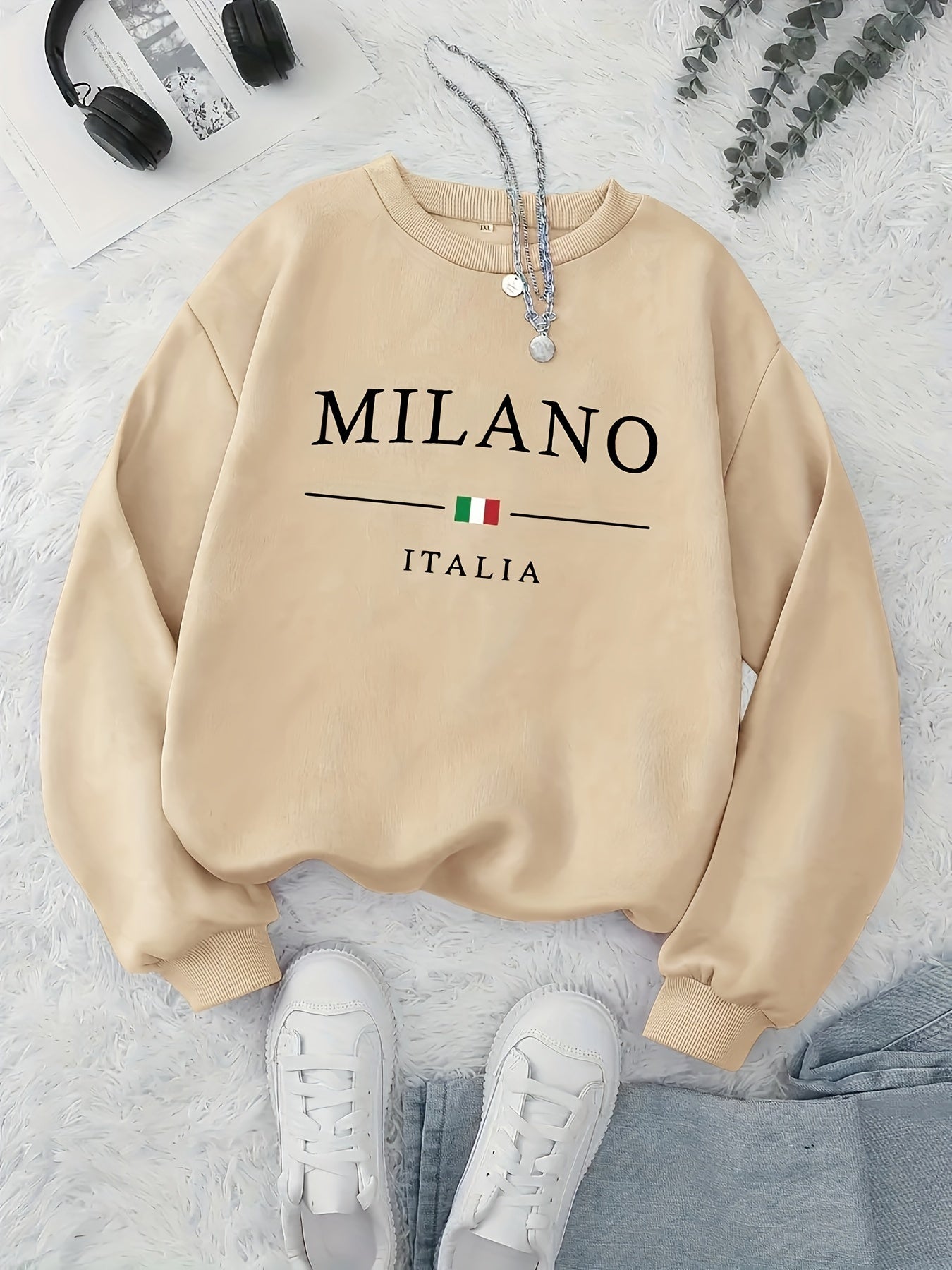 MILANO Print Pullover Sweatshirt, Casual Long Sleeve Crew Neck Sweatshirt For Fall & Winter, Women's Clothing