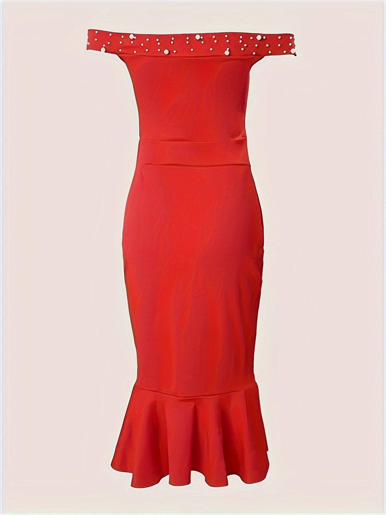 Beaded Asymmetrical Ruffle Hem Dress, Elegant Off Shoulder Solid Bodycon Dress For Party & Banquet, Women's Clothing