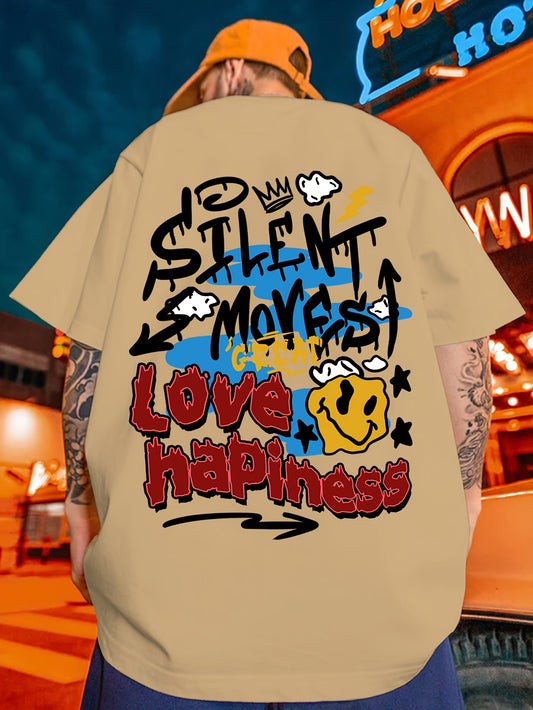 1pc Men'S Fashion Cartoon Graffiti Print T-Shirt, Casual Crew Neck, Polyester Knit Fabric with Slight Stretch, Loose Fit, Summer Tee