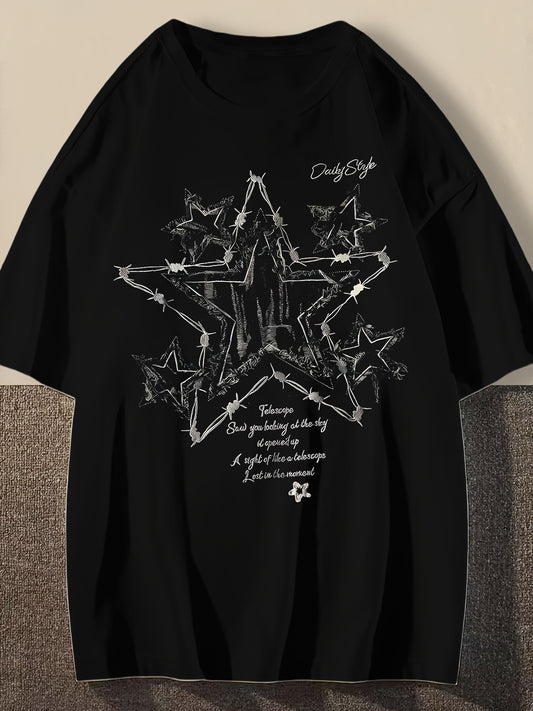 Men's Vintage-Inspired Cotton T-Shirt with Star Print - Loose Fit, Drop Shoulder Design, Round Neck, Non-Transparent - Perfect for Summer, War Wolf Family; Z.L.SHIJIA