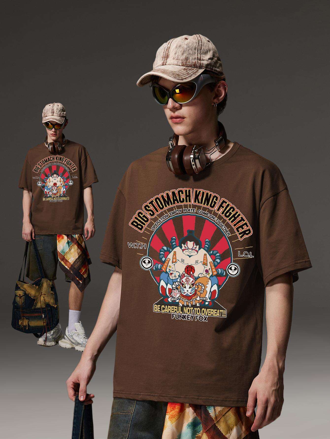 PRIVATHINKER Men's "Big Shomach King Fighter" Graphic Tee - 100% Cotton, Oversized Harajuku Y2K Style, Casual Crew Neck Short Sleeve T-Shirt with Vibrant Cartoon Print, Perfect for Summer Wear