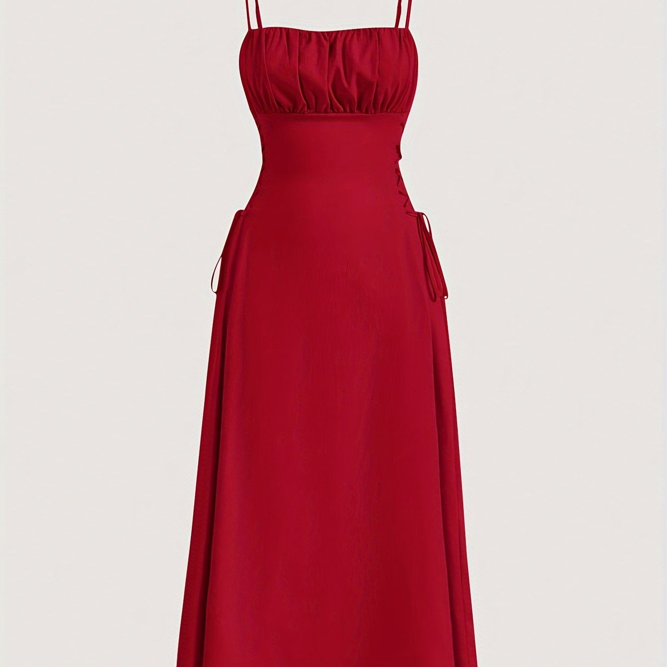 Square Neck Side Tie Dress, Sexy Solid Backless Spaghetti Strap Ruched Cami Dress, Women's Clothing