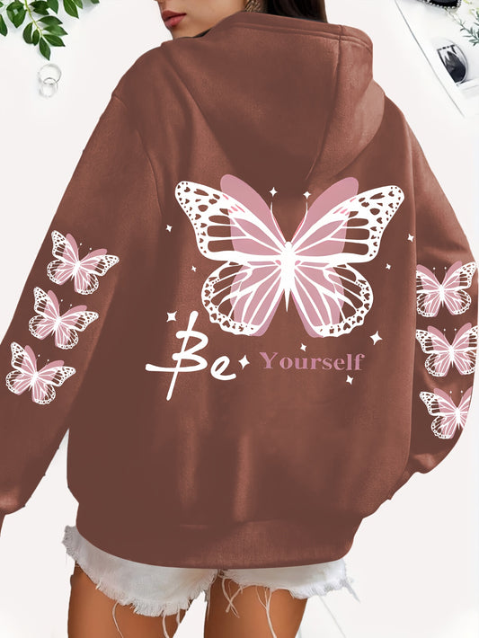Women's Plus Size Butterfly & Letter Print Hoodie - Casual Long Sleeve Pullover with Pockets, Machine Washable, Extended Version, Sports Shirt