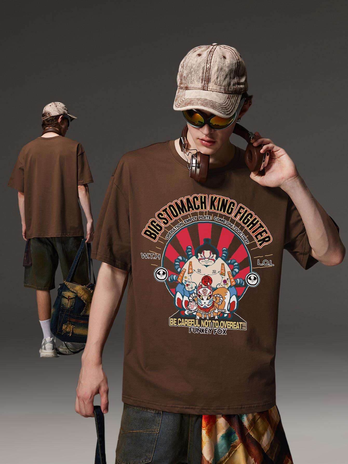 PRIVATHINKER Men's "Big Shomach King Fighter" Graphic Tee - 100% Cotton, Oversized Harajuku Y2K Style, Casual Crew Neck Short Sleeve T-Shirt with Vibrant Cartoon Print, Perfect for Summer Wear