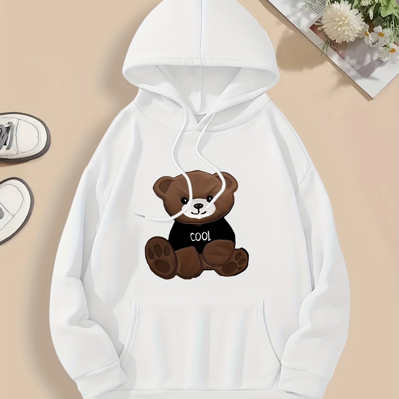 Women'S Cartoon Bear Print Hoodie, Soft Stretch Polyester Pullover with Pocket, Casual Regular Fit, All-Season Beachwear, Knitted with Hood, Autumn/Winter Fashion Sweatshirt