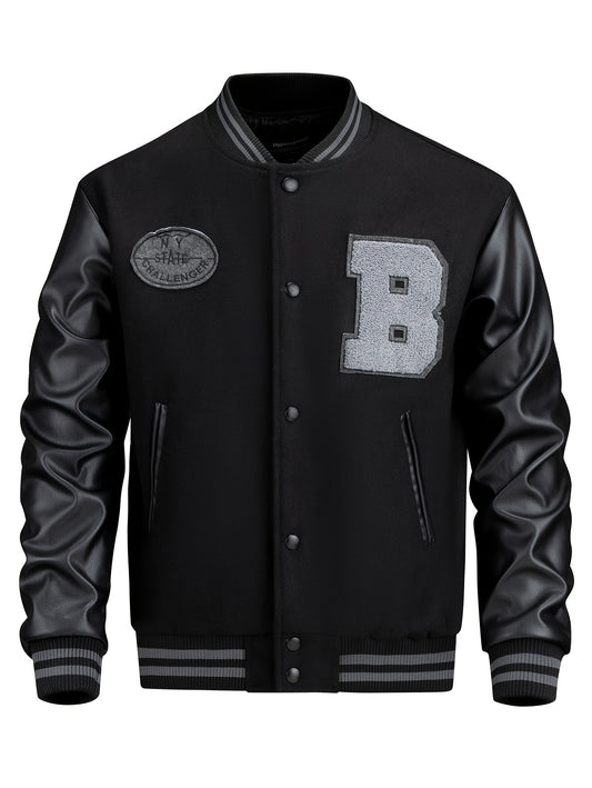 Men's Stylish Varsity Jacket, Button-Up Baseball Jacket With Fancy Embroidered Design & Pockets, Comfortable Fit Outerwear