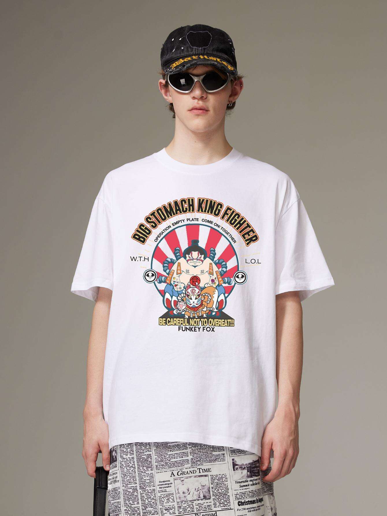 PRIVATHINKER Men's "Big Shomach King Fighter" Graphic Tee - 100% Cotton, Oversized Harajuku Y2K Style, Casual Crew Neck Short Sleeve T-Shirt with Vibrant Cartoon Print, Perfect for Summer Wear