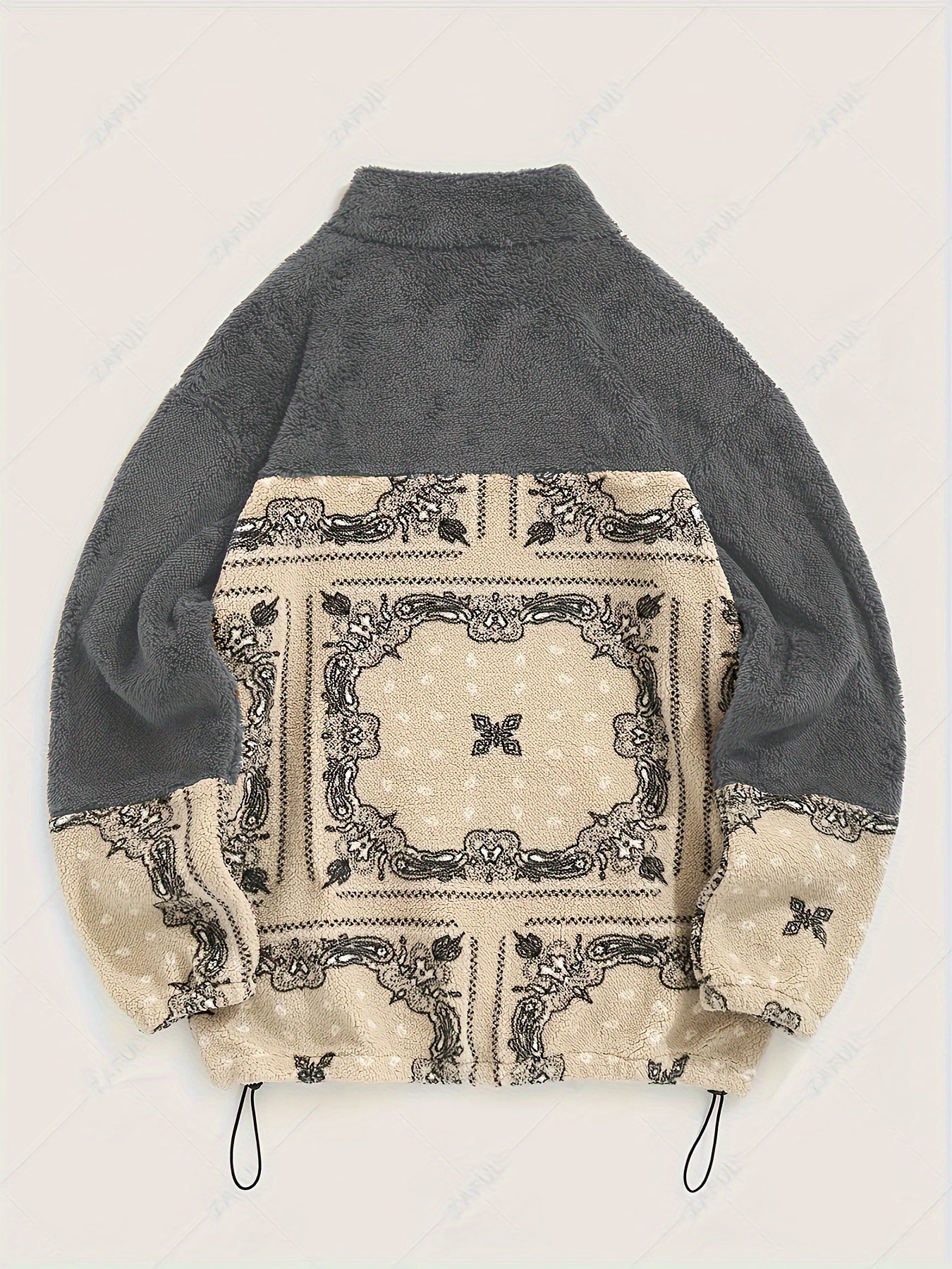 Men's Casual Paisley Pattern Stand Collar Jacket, 100% Polyester Knit Fabric with Medium Stretch, Loose Fit Zip-Up with Drawstring Hem, Long Sleeve Streetwear for Daily Commute and Winter Outings, Casual Winter Jacket|Trendy