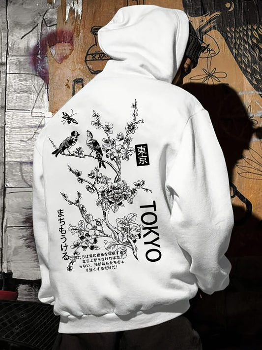 1pc Men'S Casual French Terry Hoodie with Tokyo Print, Geometric Pattern, Non-Stretch Knit Fabric, Loose Fit, Regular Length, Hooded Collar, and Pocket Detail