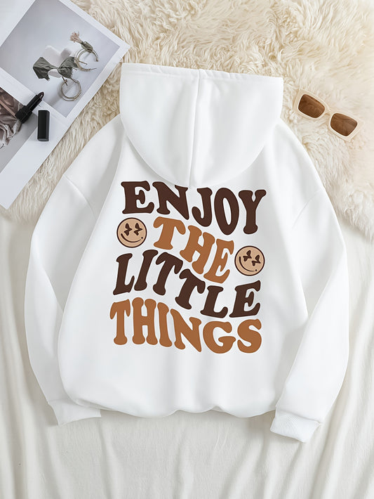 Women'S Casual Polyester Hoodie with "Enjoy The Little Things" Print, Fall/Winter Fashion, Knit Fabric, Hooded Collar, Pocket Detail, 220gsm - Alphabet High Street Trend