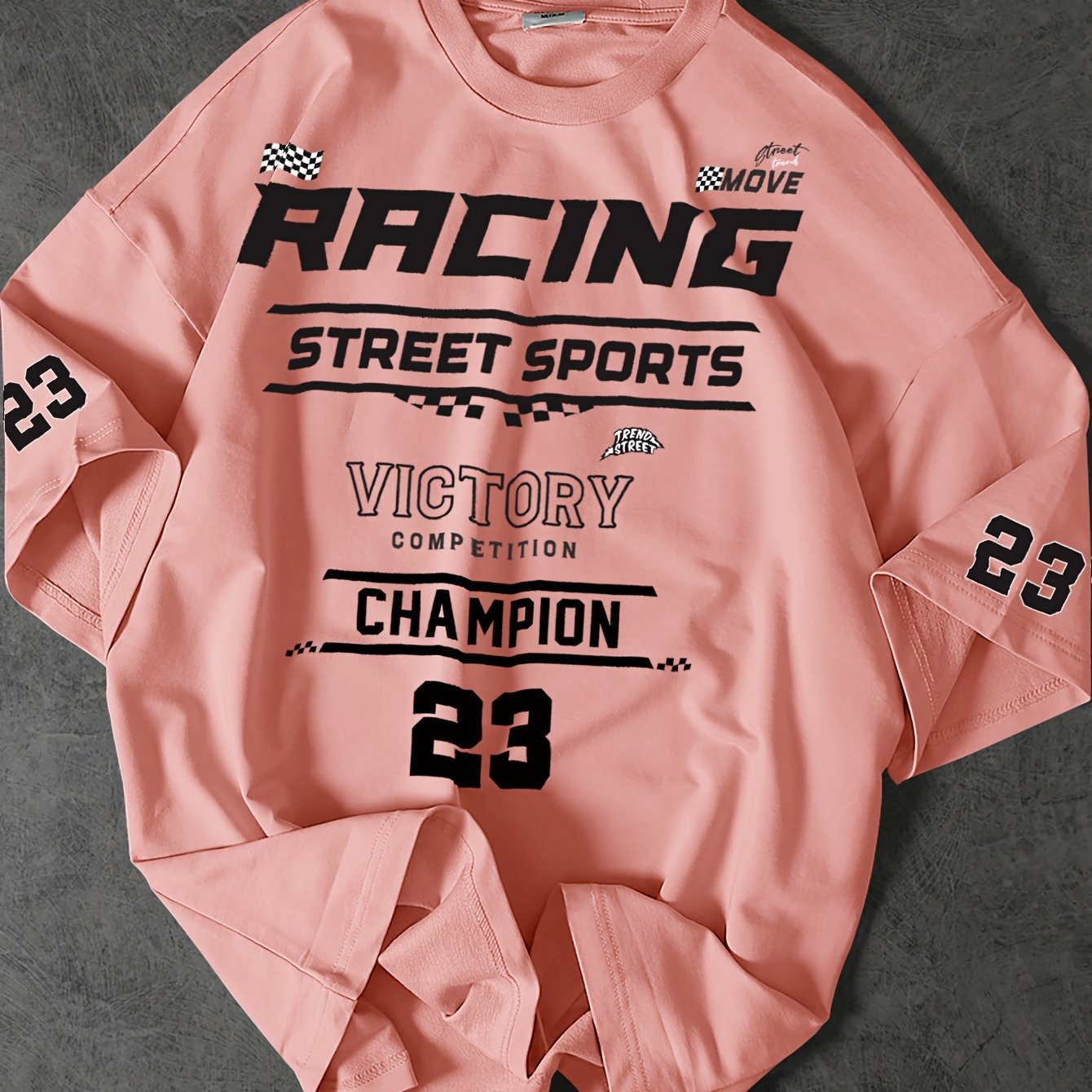 Men's Fashion Printed T-Shirt, Casual Loose Fit, Round Neck, Polyester, Summer, Street Racing Design, Number 23, Knit Fabric, Sporty Style