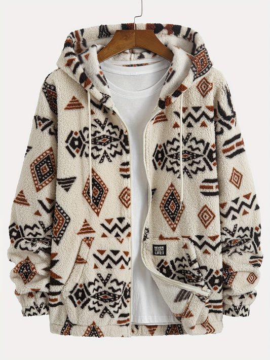 Men's Reversible Ethnic Print Plush Hoodie - Casual & Stylish Zip-Up with Drawstring, Perfect for Fall/Winter, Color Block Design, Daily Commute, Long Sleeve, Leisure Style, Conventional Version, Winter