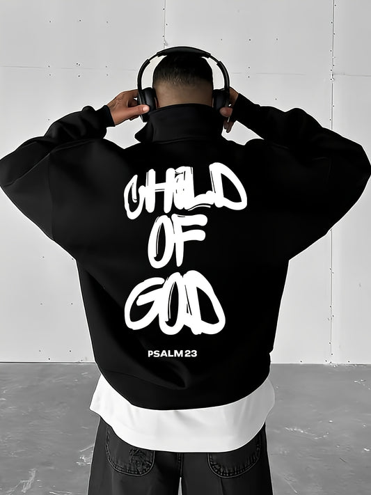 "Youngsters OF GOD" Letter Print Sweatshirt - Casual Black Drop Shoulder Stand Collar Half-Zip Pullover, Long Sleeve, 100% Polyester, Machine Washable for Fall & Winter