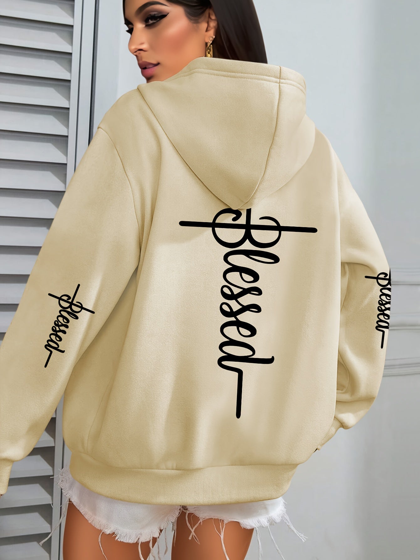 Women'S Plus Size "BLESSED" Print Hoodie - Casual Long Sleeve Pullover with Pocket, 100% Polyester Knit Fabric, Slight Stretch, Fall/Winter Hooded Sweatshirt, Faith Pattern Design