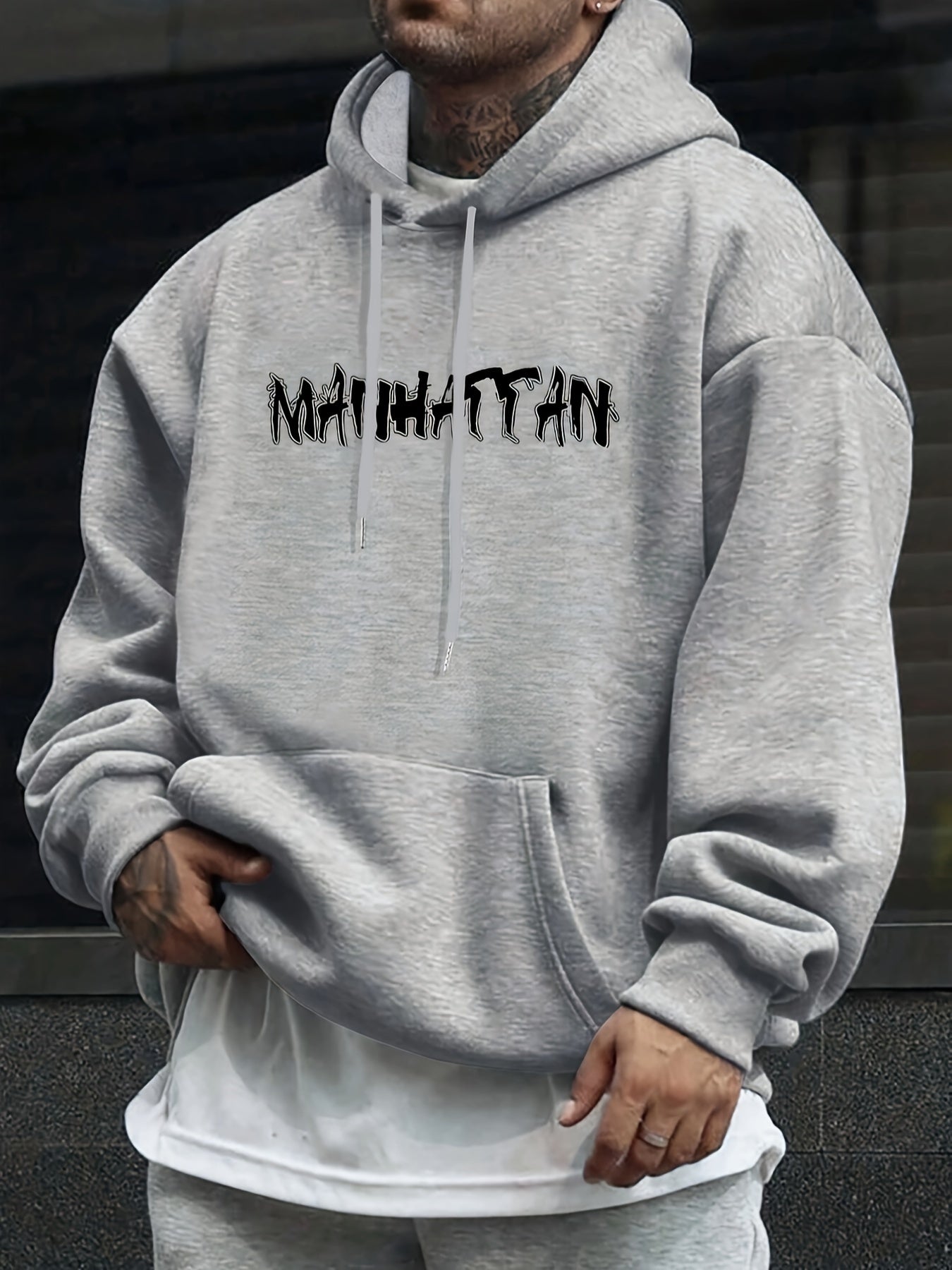 Comfort King, Men's Casual Letter Print Hoodie with Kangaroo Pocket - Cozy Fleece Pullover for Fall & Winter, Stylish Drop Shoulder Design