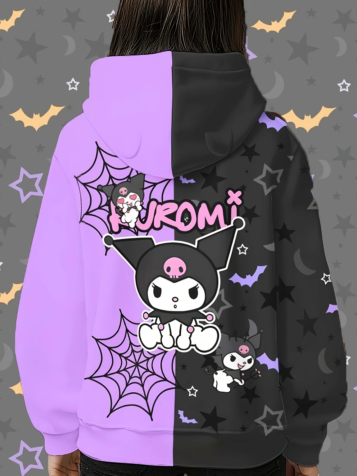 Sanrio Kuromi Women'S Hoodie - 100% Polyester Casual Long Sleeve Hooded Sweatshirt with Pockets, Cartoon Pattern, Knit Fabric, Fall/Winter Collection