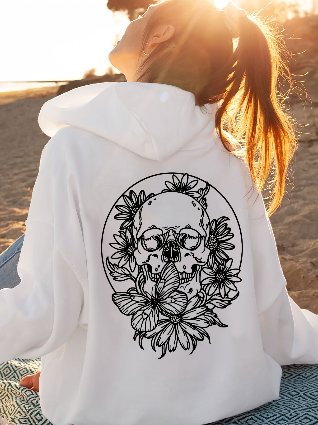 Plus Size Floral Skull Print Hoodie - Casual Oversized Pullover with Long Sleeves, Pocket Detail, Slight Stretch Polyester - Women's Fall/Winter Hooded Knit Sweatshirt