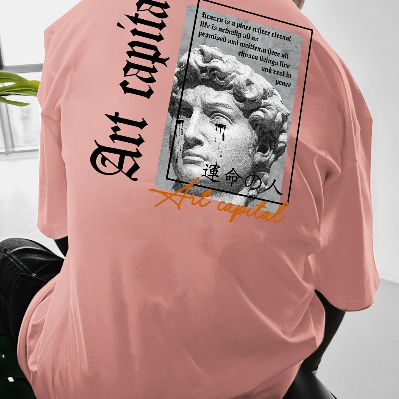 Men's Casual David Statue & Letter Print T-Shirt - Loose Fit, Round Neck, Short Sleeve, Polyester - Street Style Summer Tee