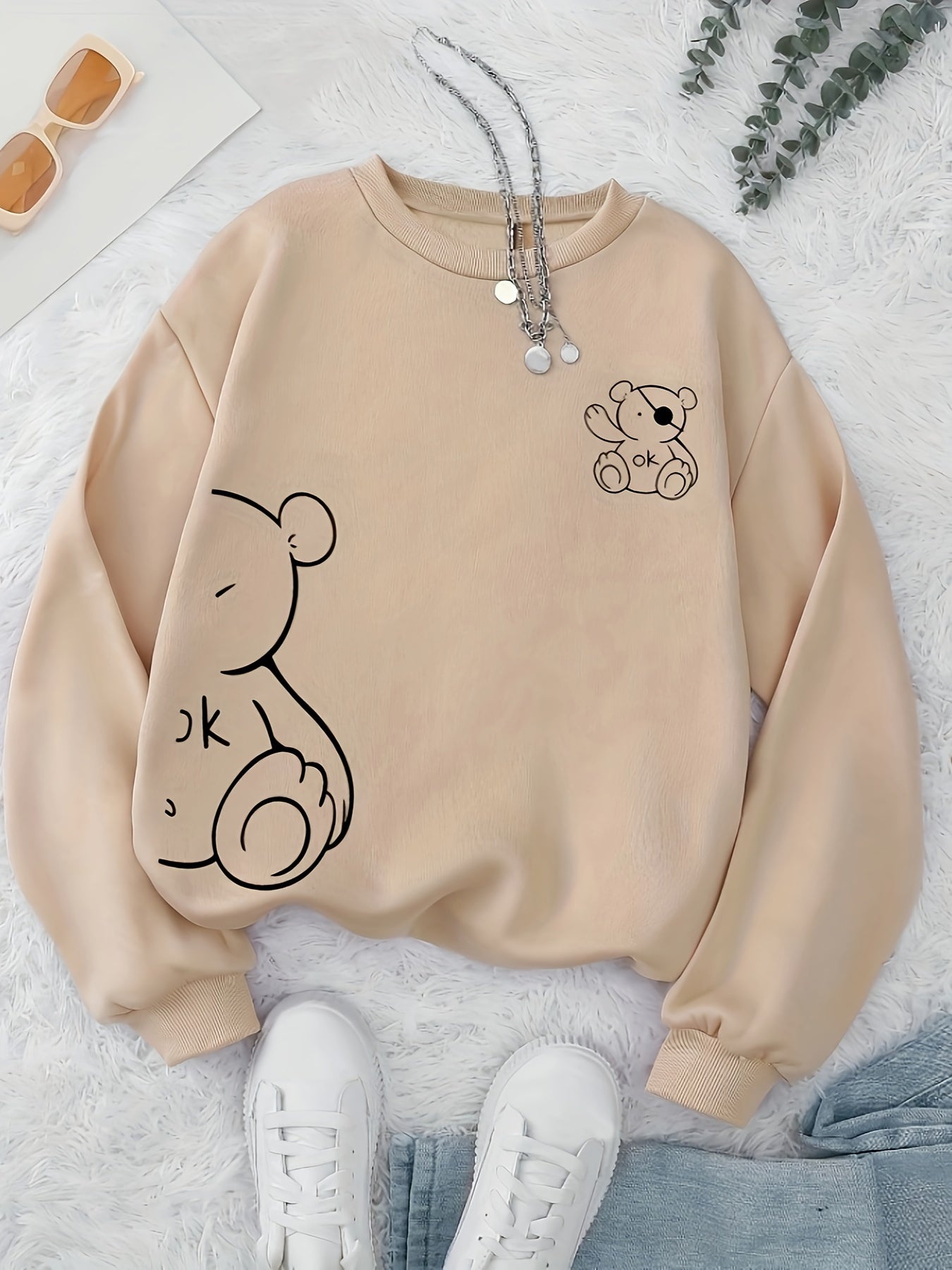 Cuddle-Ready, Women's Cute Pirate Bear Print Crew Neck Sweatshirt - Cozy Polyester, Machine Washable, Non-Sheer, Knit Fabric, Perfect for Fall & Winter - Casual Long Sleeve Pullover