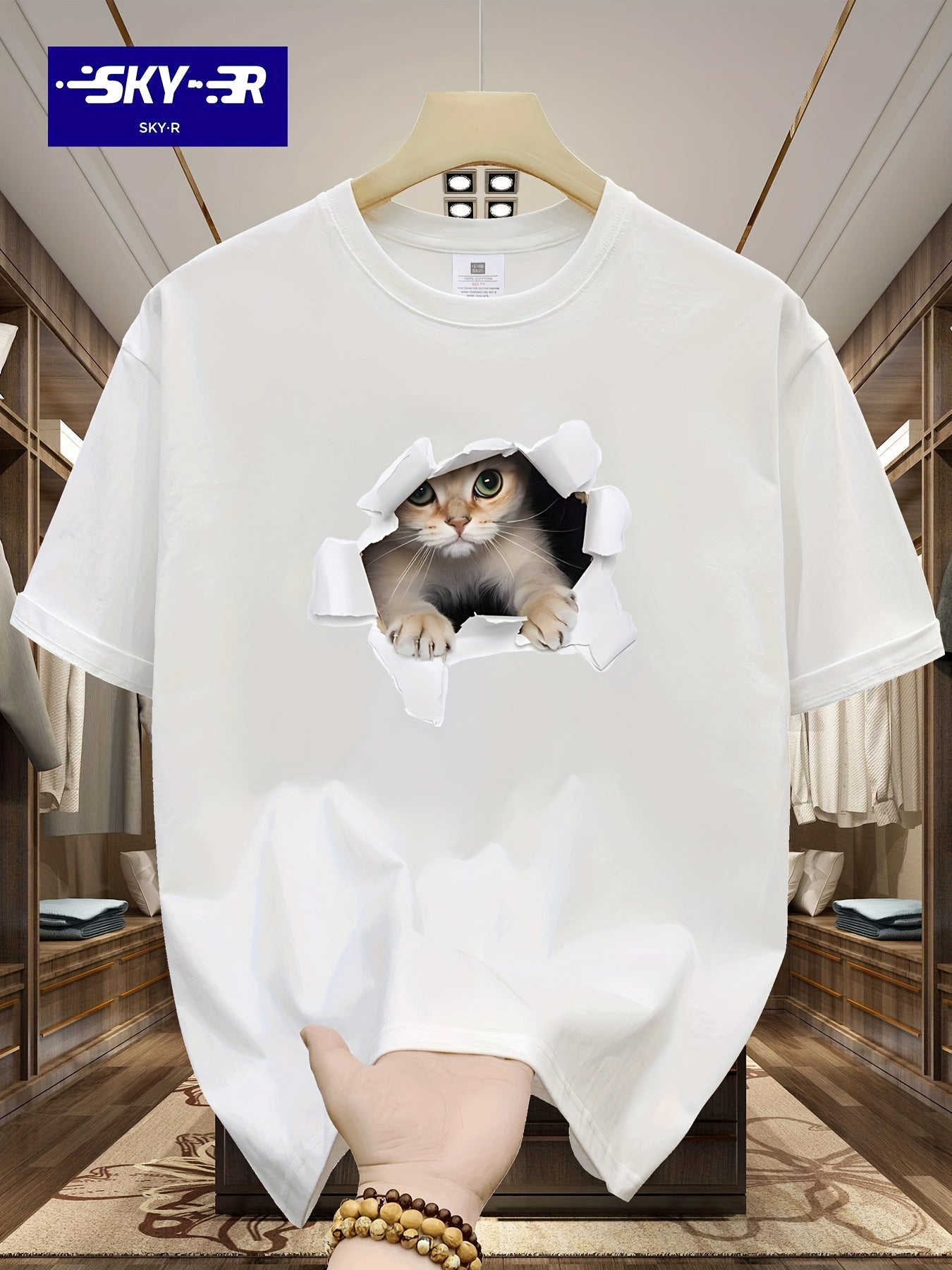 Men's 100% Cotton Loose Cat Graphic Print T-shirt, Short Sleeve Crew Neck Tee, Men's Clothing For Summer Outdoor