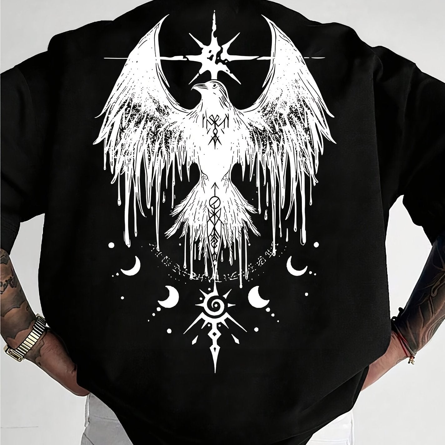 Men'S Raven Totem Print T-Shirt, 100% Polyester, Street Style, Loose Fit, Crew Neck, Slight Stretch Knit Fabric, Animal Pattern, for Summer