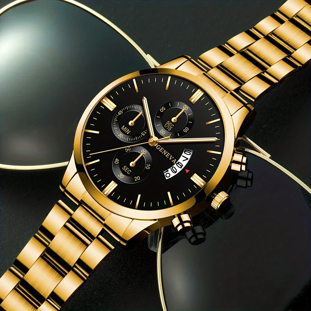 2PCS Fashion Mens Bracelet Watches Set Men Business Stainless Steel Quartz Watch Male Calendar Date Wristwatch