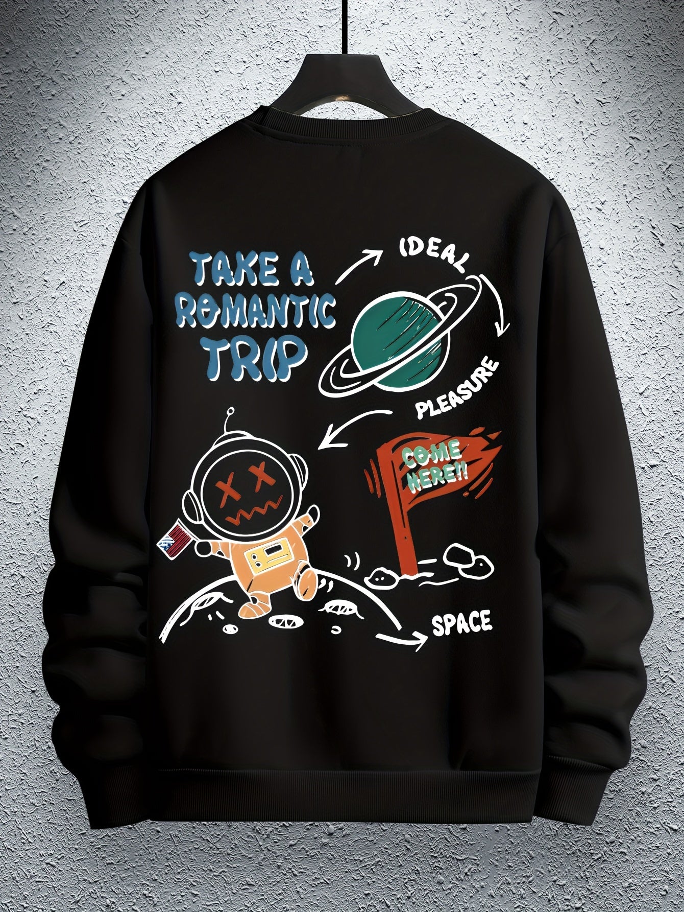 Men's Astronaut Cartoon Print Round Neck Hoodie - Bull King