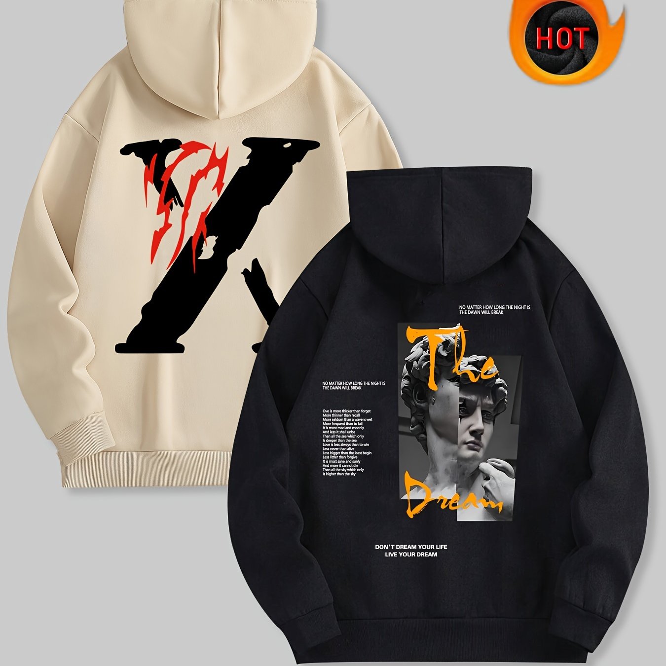 Men's Sweatshirt with Velvet Hooded 2pcs Set, Casual and Versatile Plaster Man Pattern Printed Pocket Sweatshirt