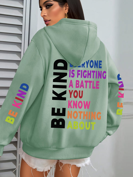 1pc Women'S Plus Size Casual Hoodie with "Be Kind" Print, Long Sleeve Pullover Sweatshirt with Pocket, Knit Polyester Fabric, Slight Stretch, Alphabet Pattern, Hooded Collar - Fall/Winter Clothing