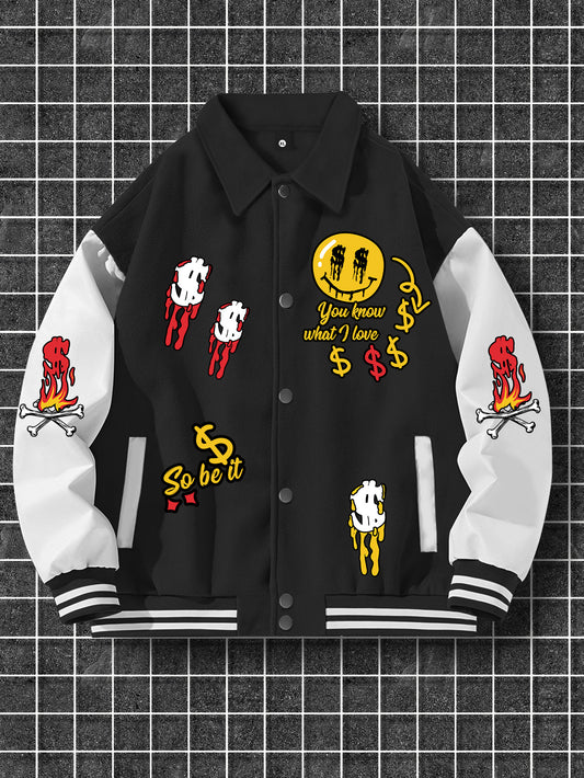 Casual Polyester College Jacket with Snap Buttons, Baseball Collar, and Random Print Design - Micro Elastic Fabric with Racerback Pockets