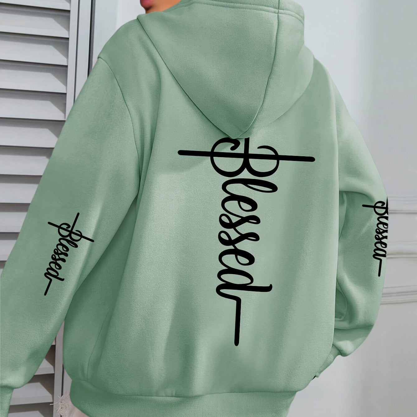 Women'S Plus Size "BLESSED" Print Hoodie - Casual Long Sleeve Pullover with Pocket, 100% Polyester Knit Fabric, Slight Stretch, Fall/Winter Hooded Sweatshirt, Faith Pattern Design