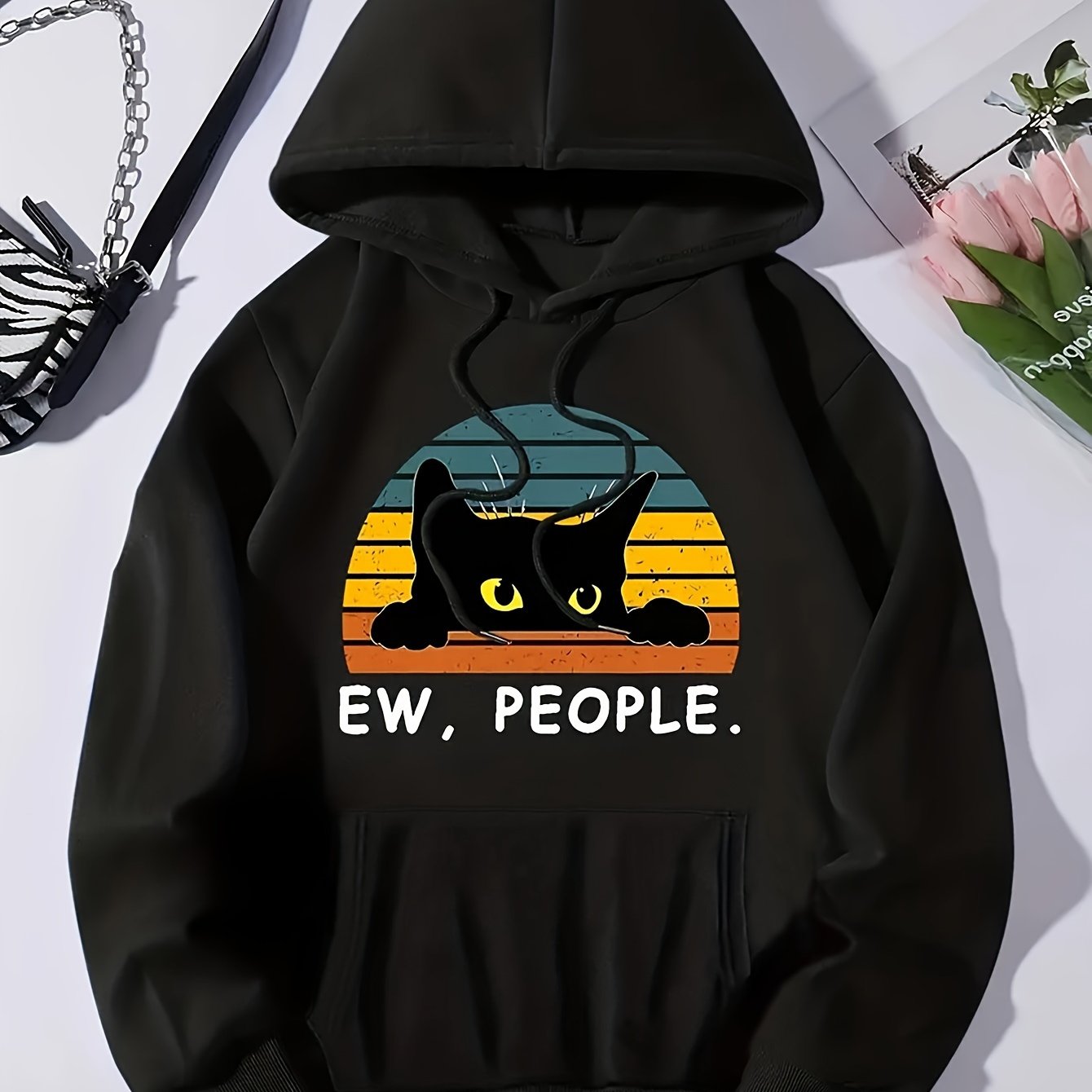 Cat Print Kangaroo Pocket Hoodie, Casual Long Sleeve Drawstring Hoodies Sweatshirt, Women's Clothing