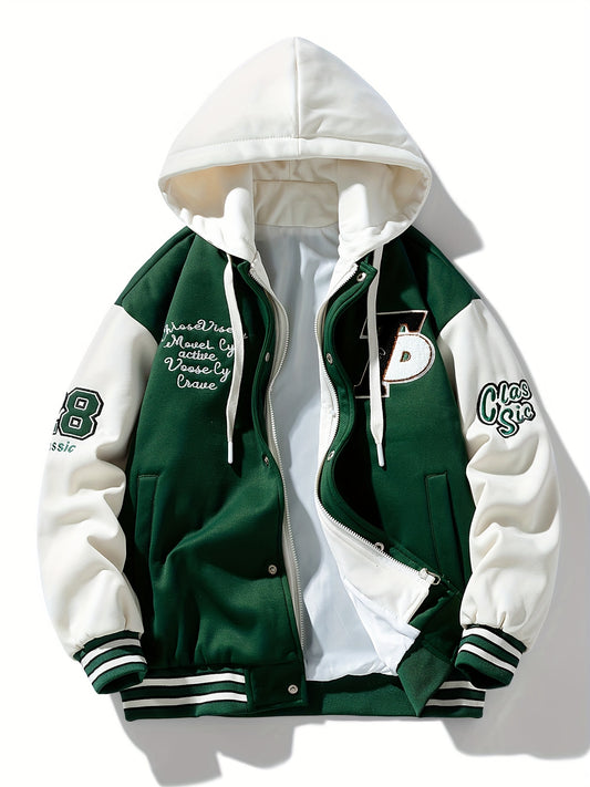 Men's Color Blocking Letters Embroidered Striped Baseball Jacket With Pockets, Casual Zip Up Long Sleeve Hooded Varsity Jacket For Outdoor