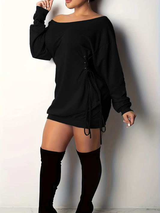 Women'S Sexy Off-Shoulder Drawstring Mini Dress, 97% Polyester Stretch Knit Fabric, All-Season Solid Color, 230gsm, Casual Chic Top with Side Tie Detail