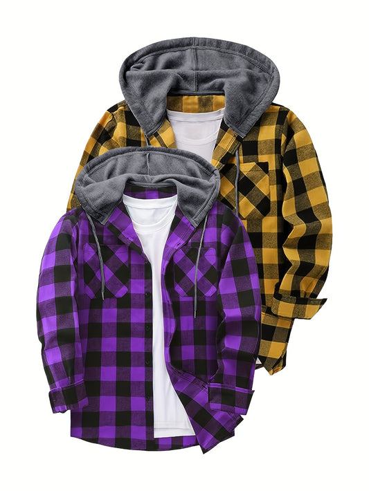 2pcs Men's Casual Plaid Hooded Shirts, Long Sleeve Polyester Blend (70% Polyester, 30% Rayon) with Button Details, Non-Stretch Woven Fabric, Regular Fit for Spring/Summer/Fall