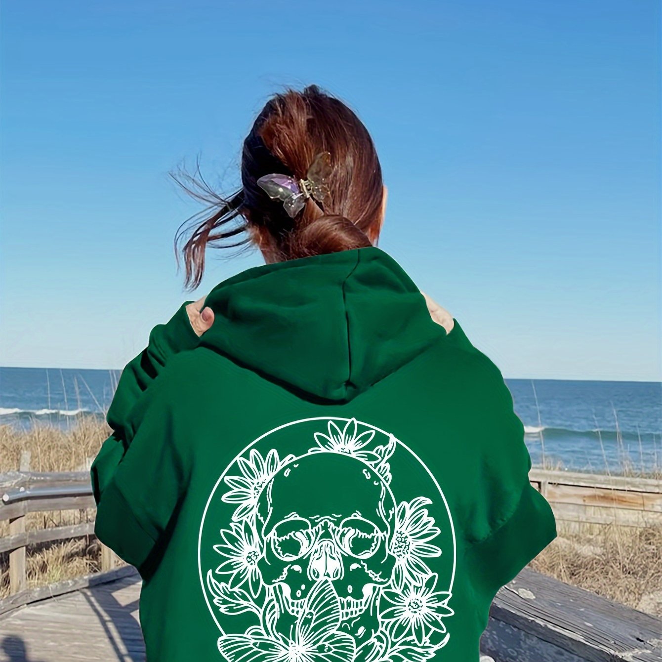 Plus Size Floral Skull Print Hoodie - Casual Oversized Pullover with Long Sleeves, Pocket Detail, Slight Stretch Polyester - Women's Fall/Winter Hooded Knit Sweatshirt