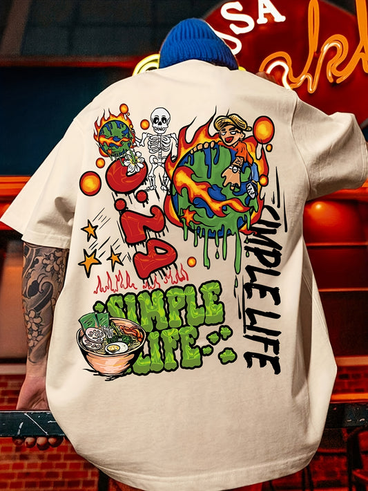 Men's Summer Essential T-Shirt - Casual Street Style with "SUPER GREAT" Cartoon Print, Crew Neck, 100% Polyester Blend, Regular Fit, Machine Washable