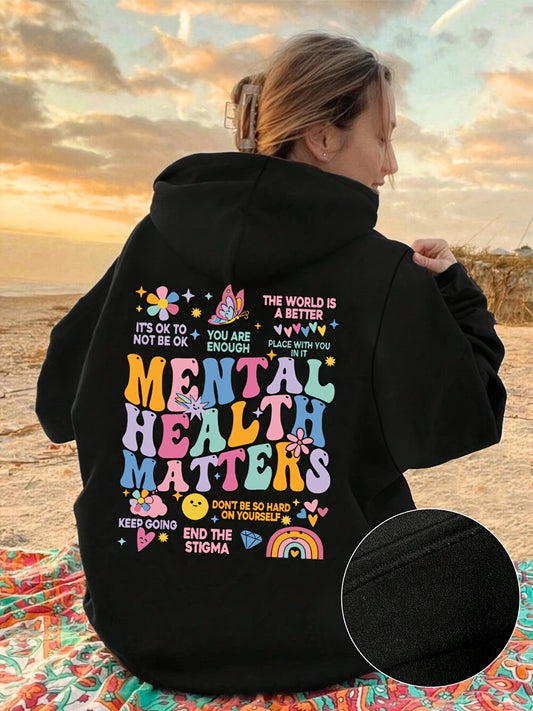 Women's Casual Knit Hoodie with Alphabet Print - 100% Polyester Pullover with Drawstring Hood, Front Pocket, Fall/Winter Season - Mental Health Matters Graphic Hooded Sweatshirt