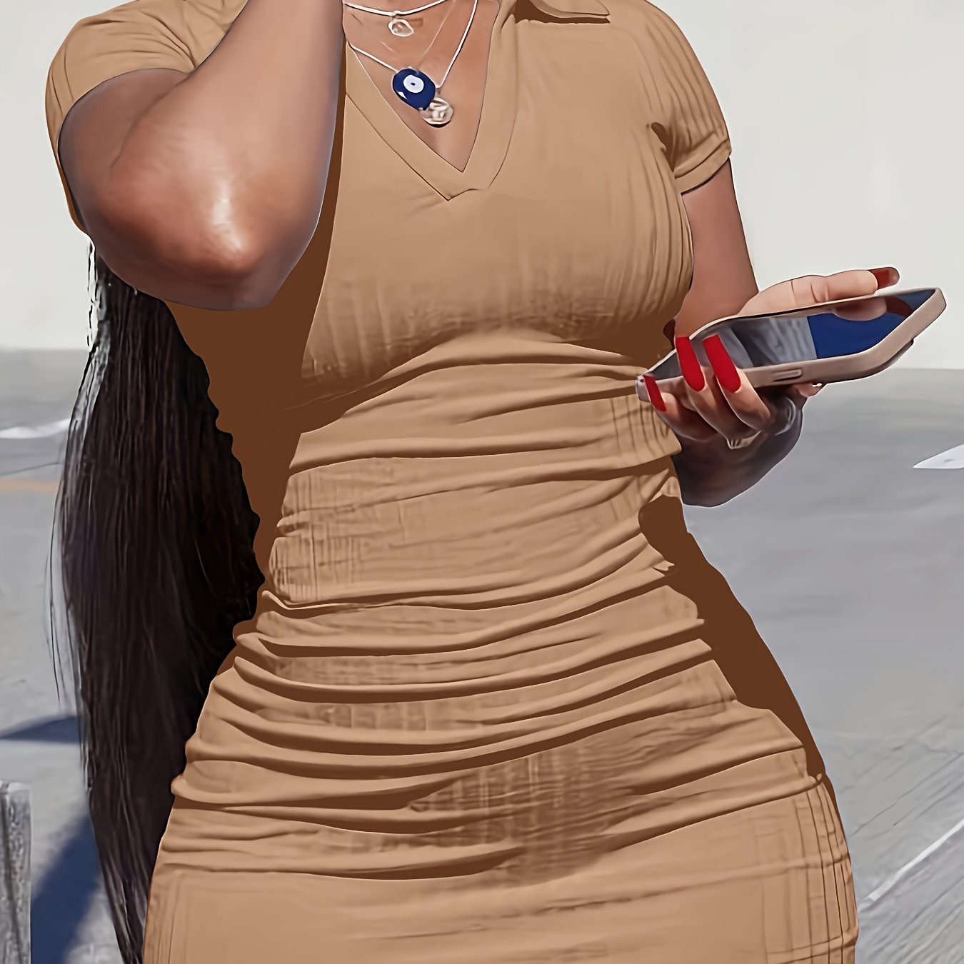 Solid V Neck Dress, Casual Short Sleeve Lapel Bodycon Dress, Women's Clothing