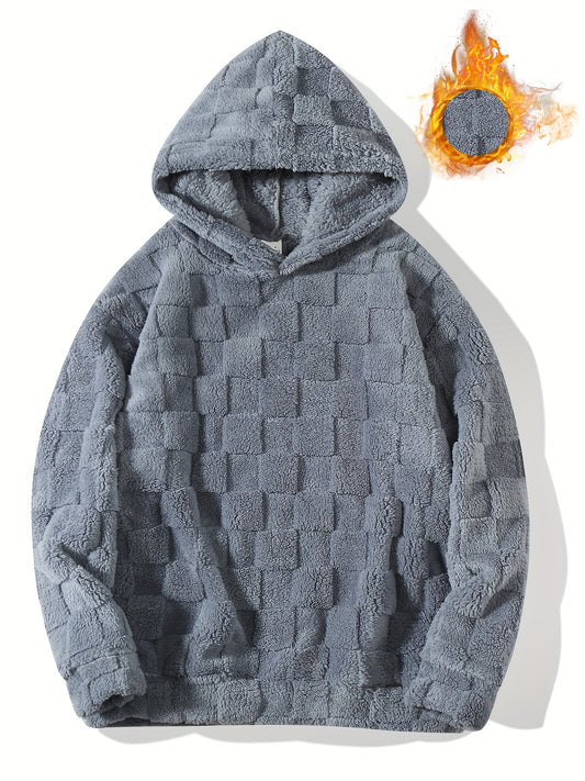 Men's Hooded Long Sleeve Pullover, KJ-W05, Polyester, Casual Style, Non-Stretch, Checkered Pattern, Loose Fit, Knitted Fabric, Fashionable Men's Sweatshirt