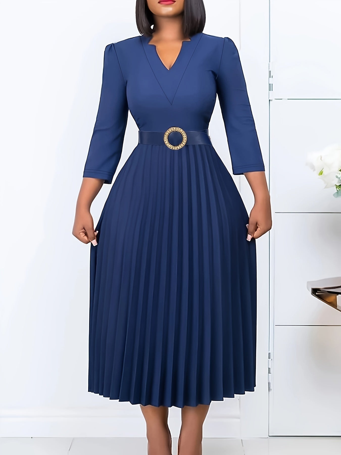 Elegant Solid Color V-Neck Pleated Dress with Belt - 3/4 Sleeve, Stretch Fabric, Machine Washable - Perfect for Spring/Summer/Fall
