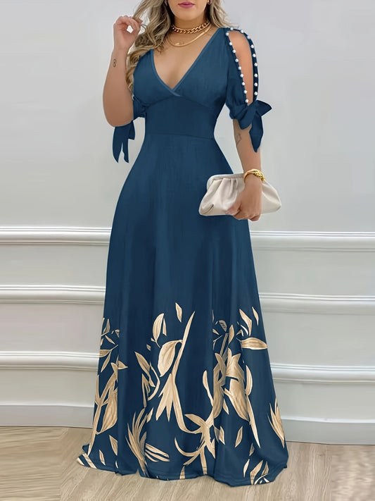 European and American cross-border Women's fashion elegant v-neck short-sleeved dress with exposed arms and tie-dye print