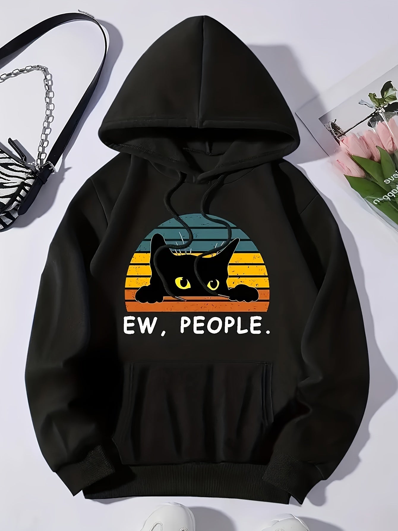 Cat Print Kangaroo Pocket Hoodie, Casual Long Sleeve Drawstring Hoodies Sweatshirt, Women's Clothing