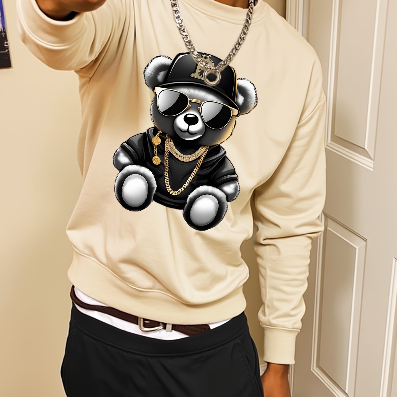 Men's Casual Long Sleeve Crew Neck Sweatshirt with Cool Bear Print - Soft Polyester Blend, Perfect for Fall & Winter