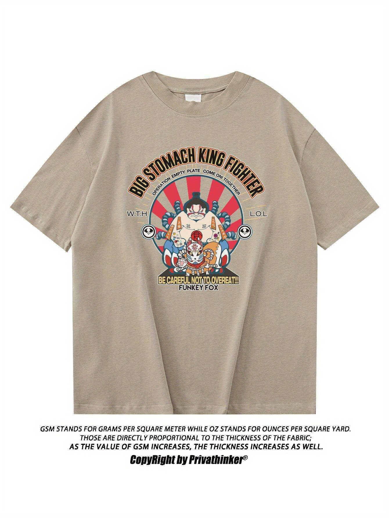 PRIVATHINKER Men's "Big Shomach King Fighter" Graphic Tee - 100% Cotton, Oversized Harajuku Y2K Style, Casual Crew Neck Short Sleeve T-Shirt with Vibrant Cartoon Print, Perfect for Summer Wear