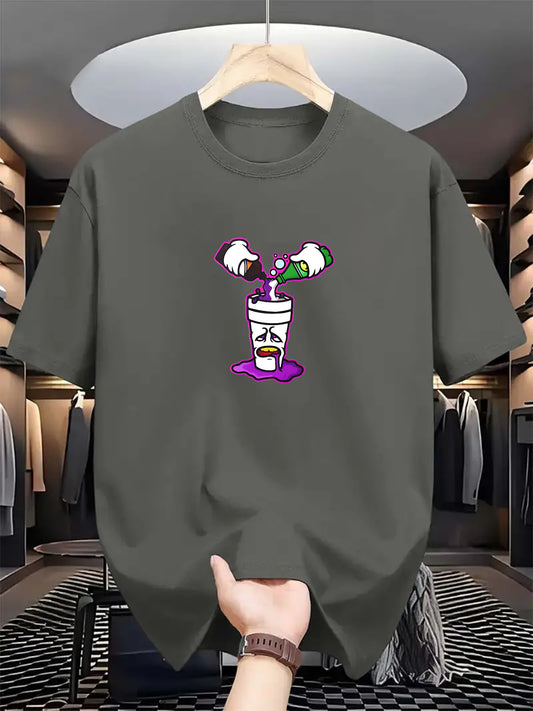 Men's Casual Summer Tee - Purple Drink Print, Short Sleeve, Crew Neck, Stretch Fabric, Machine Washable, Regular Fit T-Shirt for Casual Attire